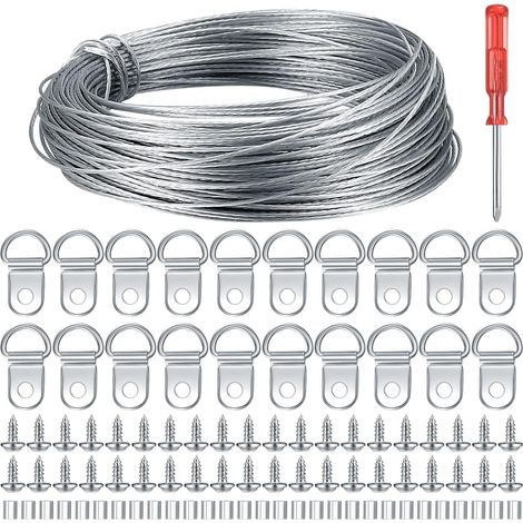 Hanging Wire for Picture Frame, 30 m Steel Picture Hanging Wire Stainless Steel Wire Picture Hanger, Stainless Steel Cable for Photos, with D Ring Hanging, Crimp Sleeves, Screws (1/5)