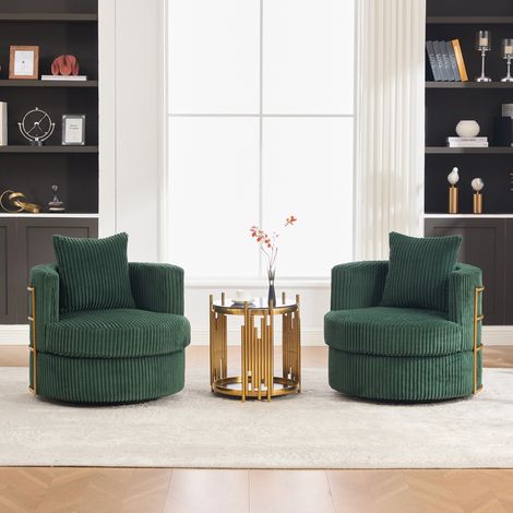Sillon Giratorio Set de 2 en Pana, Rotacion de 360 grados con Almacenaje bajo Asiento, Verde Esmeralda (1/5)