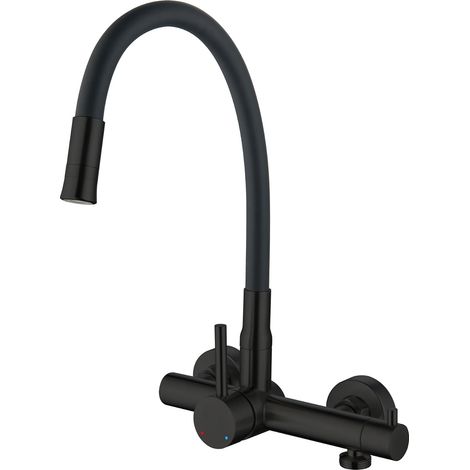 Robinet de cuisine mural avec interface lave-vaisselle 1,9 cm, 2 pulvérisateurs, robinet d'eau chaude et froide rotatif à 360° avec bec flexible, cartouche en céramique (noir mat) (1/5)