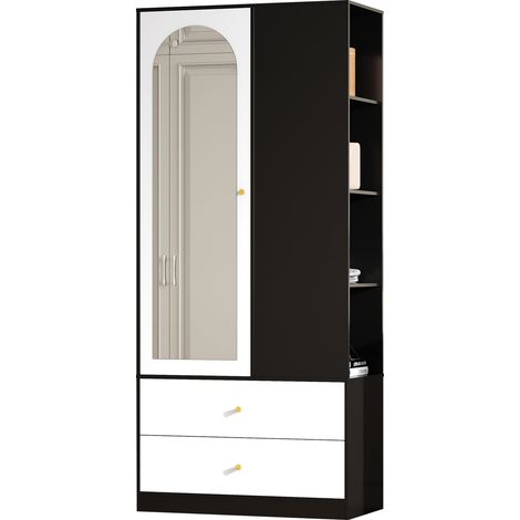Armario con espejo de 1 puerta, 2 cajones y 4 estantes, 80 x 40 x 180 cm, blanco y negro (1/5)