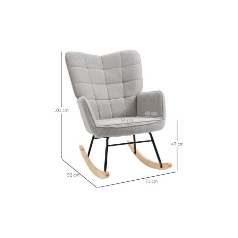 Fauteuil à bascule gris clair en tissu bouclé avec dossier haut et capacité 120 kg pour salon, chambre et coin détente (1/5)