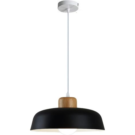 Suspension ronde en métal de 300 mm de couleur macaron, finition en bois simple moderne E27 Loft Bar Plafonnier, Lustre de salle à manger d'îlot de cuisine (Noir) (1/5)