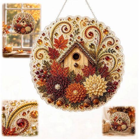 Ornement suspendu automnal en diamant, décoration artistique ronde en perles, idéal pour décorer une fenêtre ou un porche. Cadeau parfait pour les fêtes et les anniversaires.