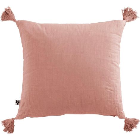 Housse déhoussable coussin décoratif gaze coton 40x40 cm pompons effet Papillon®, salon chambre canapé style bohème rose actuel (1/4)