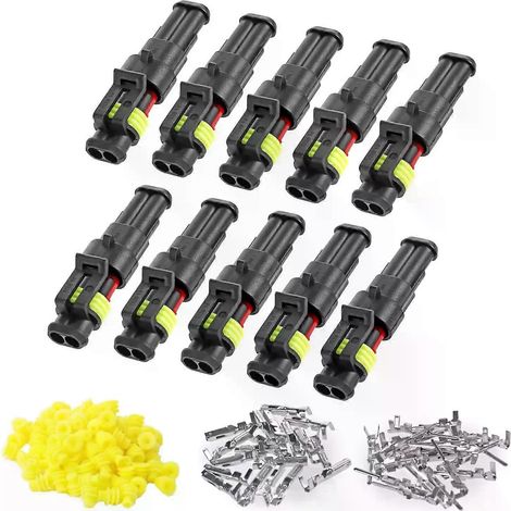 10 Stück wasserdichte 2-polige Steckverbinder für Kfz-Elektrokabel (20–16 AWG), 15-mm-Serienklemmen, Stecker und Buchse (1/4)