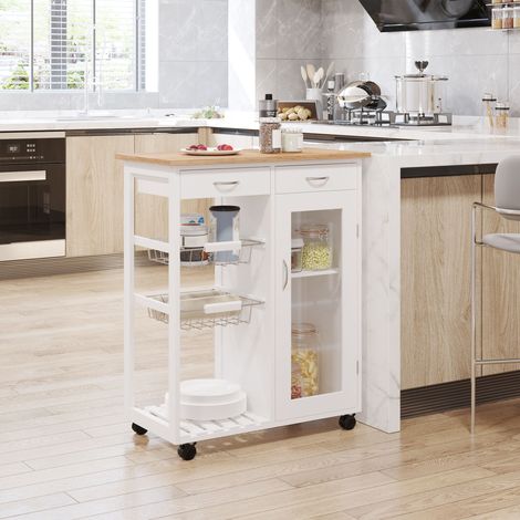 Chariot de cuisine multifonctionnel, desserte à roulettes pour chambre à coucher avec étagères, paniers et tiroirs, 70 x 37 x 85 cm, bois