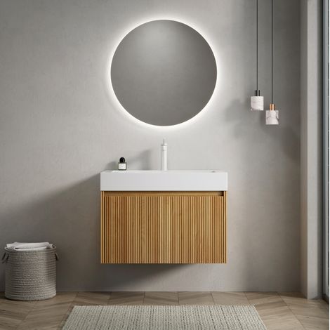 Meuble vasque mural 70 cm avec vasque rectangulaire en résine, meuble naturel, 1 tiroir (1/5)