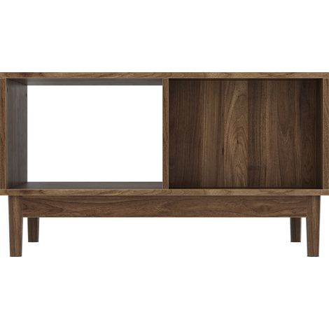 Couchtisch 80 cm aus MDF in Walnussoptik mit Schublade und offenen Fächern, Mid-Century Modern (1/5)