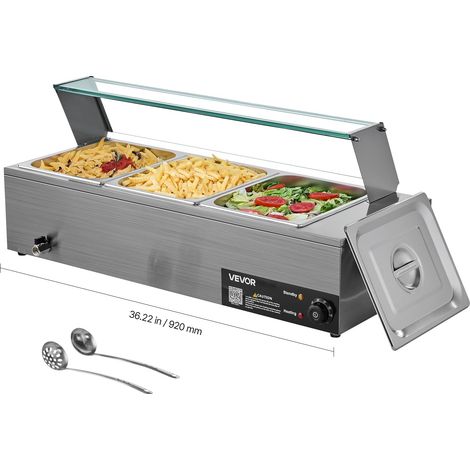 VEVOR Scaldavivande Commerciale Buffet 3 Contenitori da Dimensioni 1/2, Contenitore Scaldavivande Elettrico in Acciaio Inox da 1,5 kW con Coperchio in Vetro e Mestolo per Zuppa, per Catering, Feste (1/5)