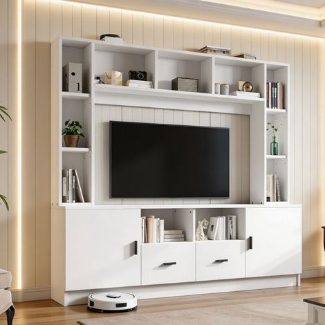 Meuble TV - Ensemble mural 5 pièces 180 cm - Blanc mat - 2 portes, 2 tiroirs, 11 niches - Pour TV jusqu'à 60 pouces