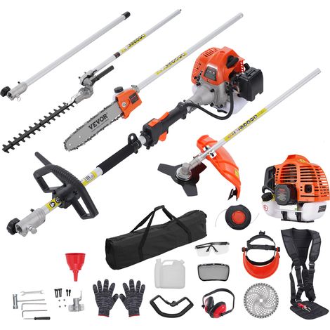 Mophorn Herramientas de corte multifuncionales 6 en 1, cortasetos a gas de 52 cc, desmalezador, bordeadora, motor de dos tiempos, sierra de pertiga, motosierra con poste de extensión, herramientas