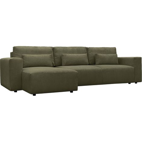 sweeek - 5-Sitzer Ecksofa mit Cordbezug und Schlaffunktion, Recamiere beidseitig montierbar, Cord, Khaki