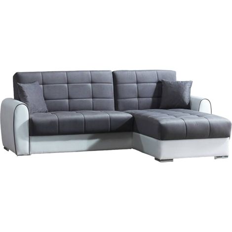 Dmora - Divano letto con penisola Argos, Divano contenitore in ecopelle e tessuto, Sofà penisola reversibile, 246x160h91 cm, Bianco e Grigio (1/5)