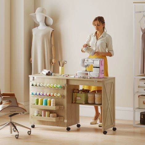 Table Couture Pliante Roulante, Porte Magnétique Grange, 2 Bacs, 18 Chevilles, Naturel (1/5)