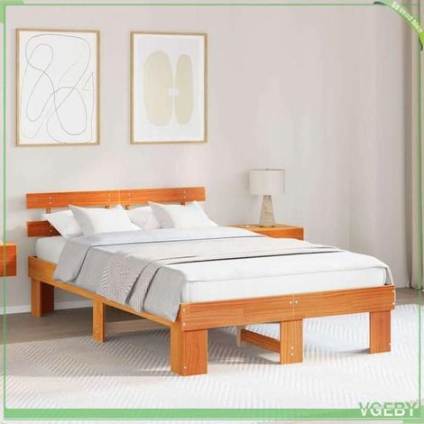 Cadre de lit - ABI - 140 x 190 cm - Pin massif - Brun cire - 2 places (1/5)