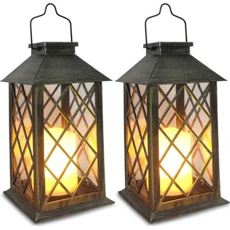 Lanterne Solaire Exterieur 2 Pièces Lampe Solaire avec Bougie Vacillante, Lampe de Table Solaire Étanche Suspension Solaire Exterieur a Poser pour Balcon Jardin Terrasse Deco - Bronze (1/5)