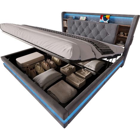 Polsterbett Doppelbett mit Bettkasten, LED, USB, Type-C und Ablagen, 160 x 200 cm, ohne Matratze, Dunkelgrau (1/5)