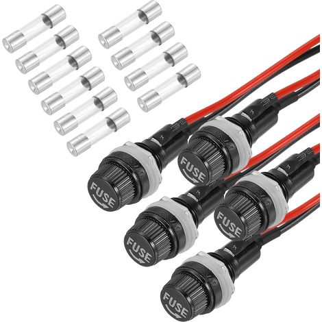 5 Pcs Porte-Cartouche À Fusible À Montage Panneau, 10/15A AC 125/250V 5 x 20mm Porte-Cartouche À Fusible À Borne Spade À Capuchon Vissé avec Fils Et 10 Fusibles À Tube Verre 2A (1/5)