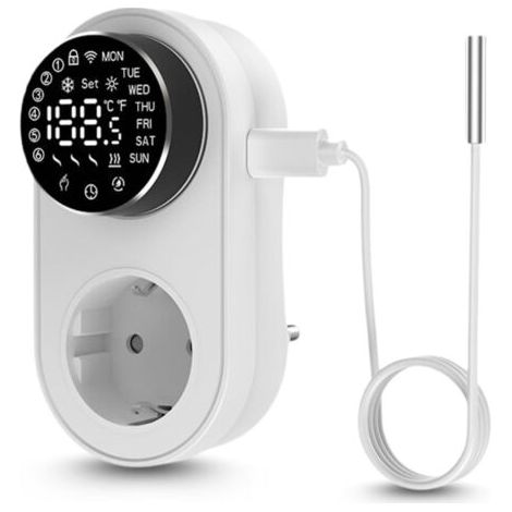 Prise Thermostat avec Sonde, Prise Thermostat Connectée pour Chauffage et Refroidissement, Regulateur Température Numérique 16A 24 GHz Compatible avec Alexa et Google Assistant