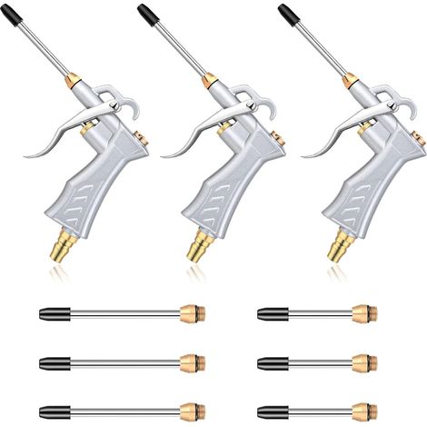Paquete de 3 pistolas de aire industriales con 6 boquillas de flujo de aire de acero de extensión de 4-5 pulgadas, flujo de aire ajustable con boquilla de latón, accesorios de compresor de aire para q (1/5)