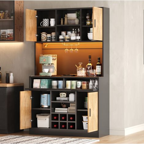 Aparador alto de cocina 105x40x180 cm en MDF natural con LED RGB y enchufes (1/5)