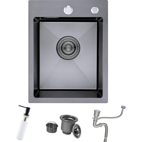 35 x 45 cm Évier de Cuisine Noir 1 Bac, Petit Évier de Cuisine En Acier Inoxydable avec 2 Trous Pour Robinet et Trop-Plein, Siphon, Distributeur (1/5)