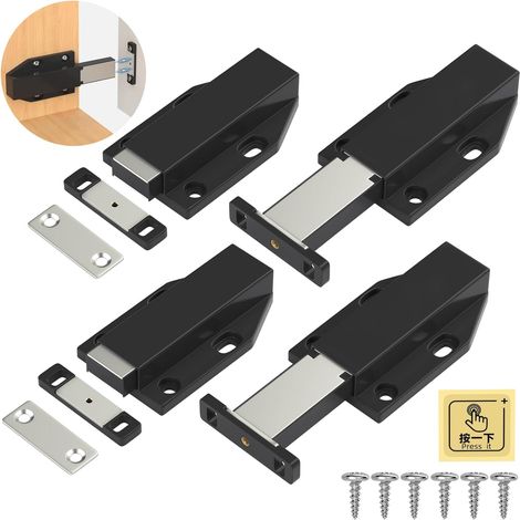 4-teiliger magnetischer Türdrücker mit Druckknopfverschluss für Schrank- und Schubladentüren, inklusive Magnetverschluss und Türdämpfer, schwarz