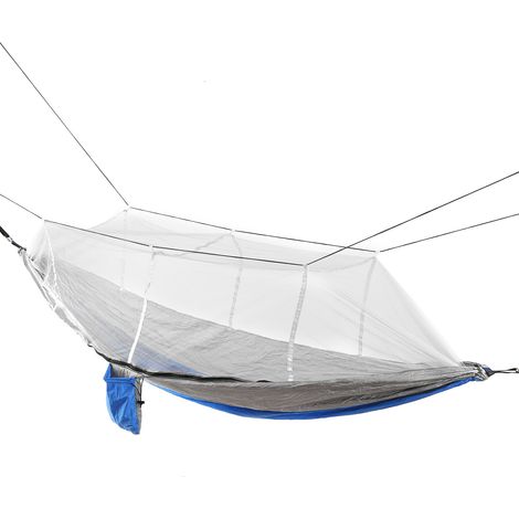 Hamac de camping simple ou double avec moustiquaire, portable et léger, à sangler pour arbres. Bleu roi et gris, maille grise. (1/5)