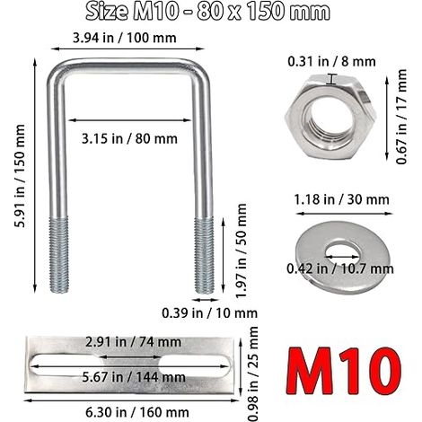 U-Bolts Square U Bolts, 80x150mm U-Bolts Stainless Steel, M10 U-Bolt with Nut Frame Plate and Washer, M10 U Bolt for Fixing Boards and Pipes (80 x 150mm) (1/4)