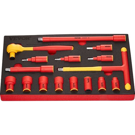 Coffret de douilles isolées 16 pièces 1000V pour électriciens avec clé en T cliquet et rallonges pour réparations électriques. (1/5)
