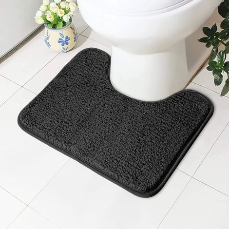 Saugfähige, rutschfeste und extraweiche Toilettenmatte aus flauschigem Langflor-Mikrofaser, maschinenwaschbar, schnelltrocknend, dick, U-förmig, 50 x 40 cm (schwarz)
