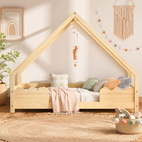 Letto a casetta per bambini 90x200 cm in legno naturale con sponda, senza materasso – MEUBLIV (1/5)