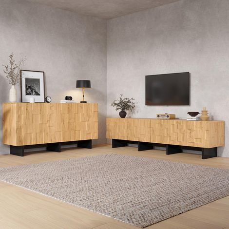 Conjunto de salón mueble tv 180x38.5x45cm para televisión de hasta 75 pulgadas y aparador buffet 140x40x70cm en mdf estilo nórdico madera natural y negro (1/3)