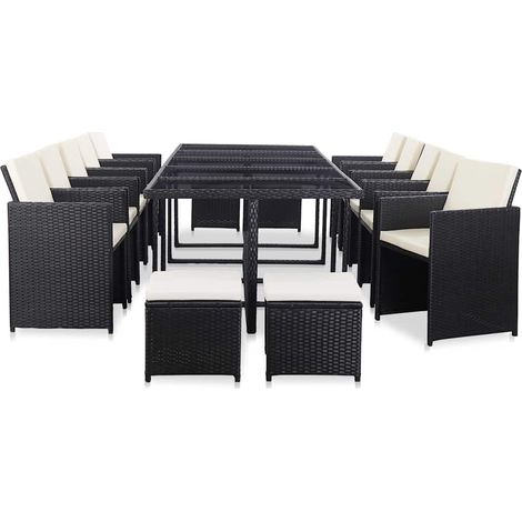 Set da Pranzo da Giardino 15 pz con Cuscini in Polyrattan Nero vidaXL (1/5)