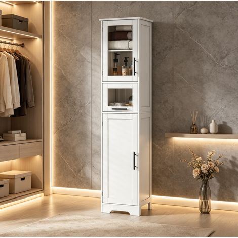 Meuble colonne salle de bain 40x31x170 cm en MDF blanc, avec rangement, style moderne FLORAGRACE (1/5)