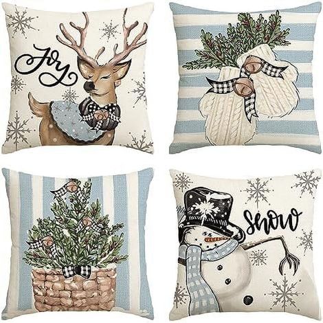 Housse De Coussin - 50 x 50 Cm - Motif Hivernal Bonhomme De Neige Et Renne - Polyester - Pour Canapé Ou Fauteuil - Lot De 4 (1/5)