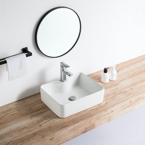 Stano. – Vasque à poser en céramique vitrifiée 48 x 37 cm – Finition blanc brillant – Sans trop-plein – Compatible meubles PALIO et plans TOP (1/5)