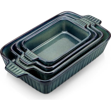Plat à Four, Lot de 4 Plats à Gratin Grands et Petits (37, 30, 28, 24 cm), Plat à Lasagnes Rectangulaire avec Poignées, Plat en Grès Au Lave-vaisselle, Vert (1/5)