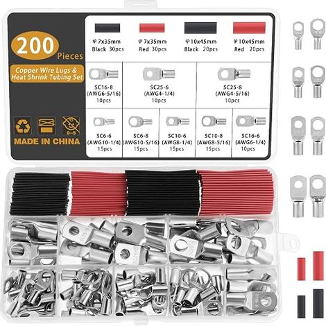 Gueenky 200 Pieces Crimp Lugs 6/10/16/25mm², 8 Sizes M6 M8 Crimp Battery Terminal, Electric Terminal Terminal Tubular Terminals SC Copper Ring Cable Lugs with Heat Shrink Tubing (1/5)