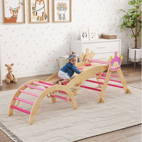 MEUBLIV Aire de jeux d’escalada interior 8-en-1 para niños rosa con tobogán y bascule (1/5)