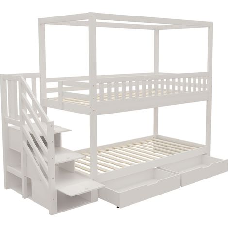 Lit superposé enfant, 90200 cm, lit double en bois massif, forme maison, design avec garde-corps de sécurité, avec compartiment de rangement et échelle de sécurité, blanc, pour garçons et filles (1/5)