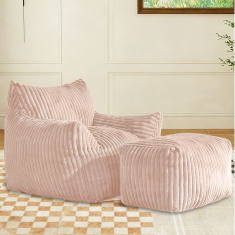 Poltrona con pouf poggiapiedi, schienale curvo, tessuto a coste rosa DESVIAE (1/5)