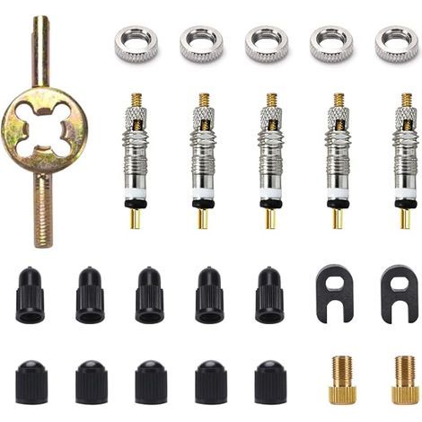 Kit de Remplacement de Valve Sclaverand 25 Pièces - Adaptateur Presta, Outils Pneus Vélo, 5 Valves, 2 Adaptateurs Schrader, Bouchons, 2 Clés, 5 Écrous (1/5)