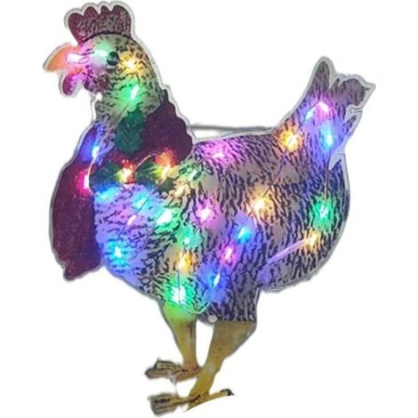 Estatua de jardín de metal resistente: gallina decorativa con bufanda colorida, luz incorporada, ideal para céspedes y fiestas.
