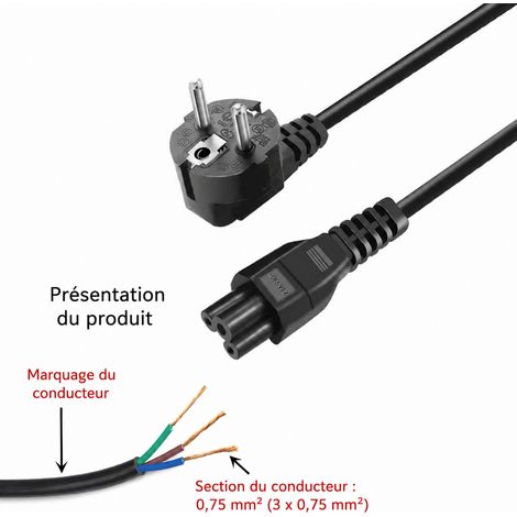 Câble d'alimentation secteur européen 3 conducteurs 1,8 m 0,5 mm² trèfle C5 noir 1.8 m0.5 48 0.5 200 g – Livraison gratuite