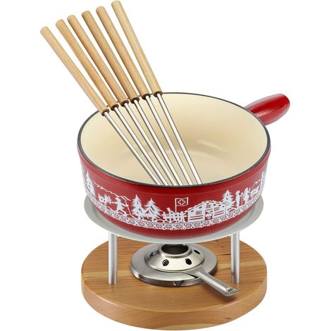 KUHN RIKON 32276 - Set per fonduta di formaggio a induzione, in ghisa rossa, 24 cm, capacità 3,2 litri, per 4 – 6 persone, il set include un reaud, un bruciatore per pasta e 6 forchette (1/2)