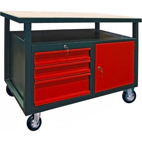 Dema – Servante d'atelier mobile 3 tiroirs – 1 porte – 1200 x 600 mm – Construction acier enduit – Roues directionnelles Ø 125 mm