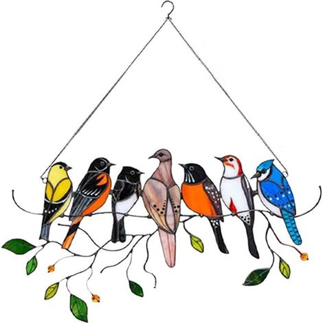 Décoration de fenêtre avec peinture d'oiseaux, ornements muraux, décorations à suspendre, cadeau pour la fête des mères, 7 oiseaux