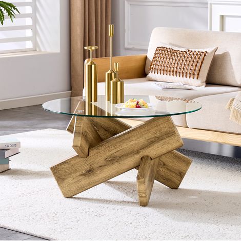 Table basse ronde 79 cm en MDF et verre transparent, design moderne pour salon FloraGrace (1/5)