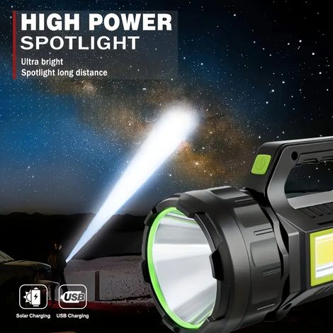 Multifunktionale, solarbetriebene Taschenlampe mit COB-Seitenbeleuchtung, hochintensivem Außenscheinwerfer und weißem sowie rotem Signallicht über USB.